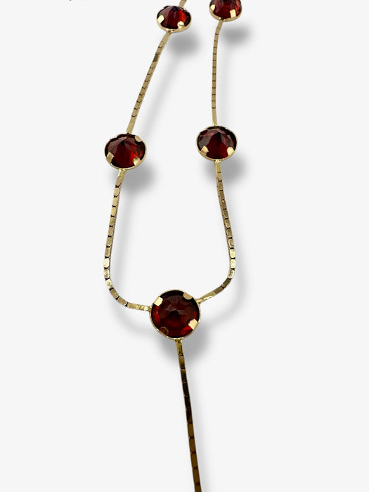 14K Gold Y Necklace with Garnet January Birthstone, Stationary Design, 6 Garnets each 5mm x 5mm