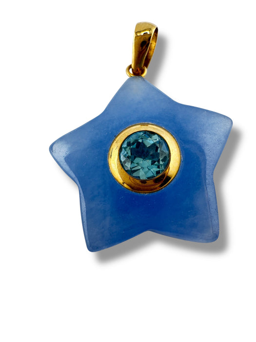 Modern 14K Gold Star Pendant with Blue Topaz & Blue Jade – 1" x 0.5”, Best Gift, December Birthstone