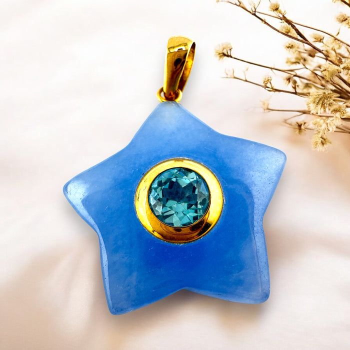 Modern 14K Gold Star Pendant with Blue Topaz & Blue Jade – 1" x 0.5”, Best Gift, December Birthstone