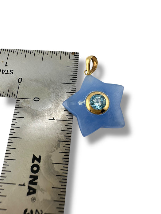Modern 14K Gold Star Pendant with Blue Topaz & Blue Jade – 1" x 0.5”, Best Gift, December Birthstone