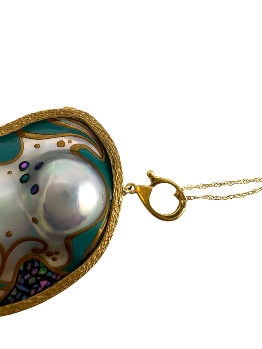 Vintage 18K Gold Baroque Pearl Brooch Pendant on 14K Italy Rope Chain, Abalone Inlay, 20" Necklace, 22.72g