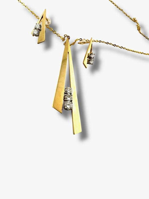 Modern Geometric 14K Gold Diamond Jewelry Set – 18" Necklace with 2.2" Pendant (3 Diamonds) & 0.75" Earrings (2 Diamonds Each), 8.16g