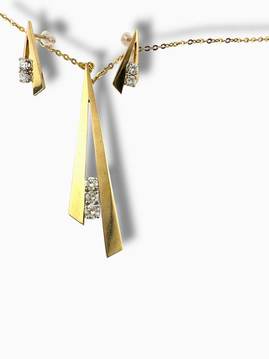 Modern Geometric 14K Gold Diamond Jewelry Set – 18" Necklace with 2.2" Pendant (3 Diamonds) & 0.75" Earrings (2 Diamonds Each), 8.16g