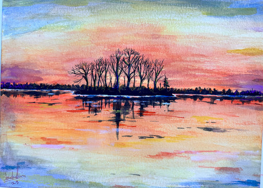Landscape Sunset Watercolor Framed Painting, 15 x 12” by Shaida-EZ Jewelry and Decor