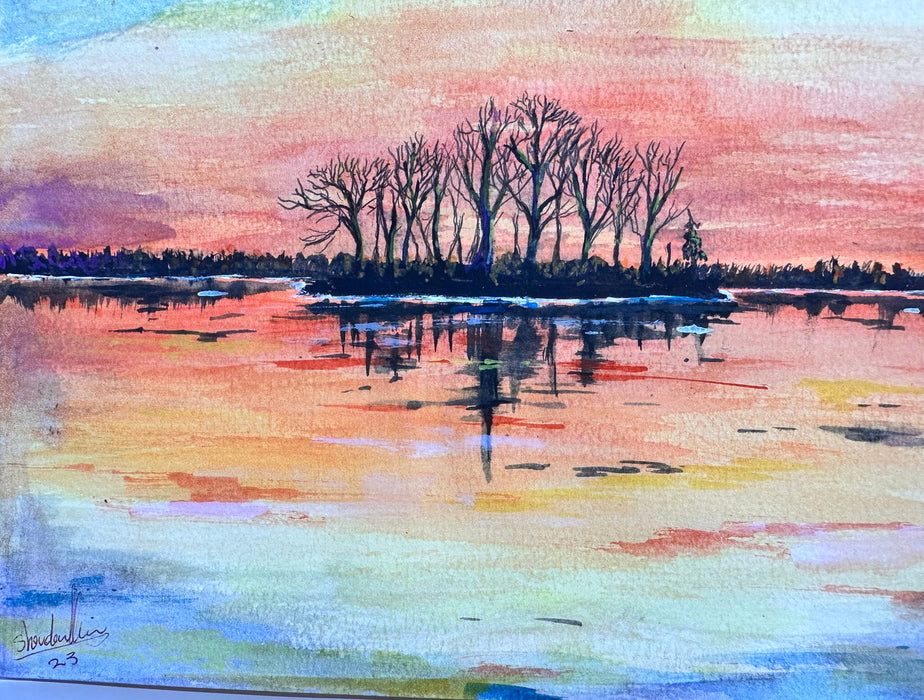 Landscape Sunset Watercolor Framed Painting, 15 x 12” by Shaida