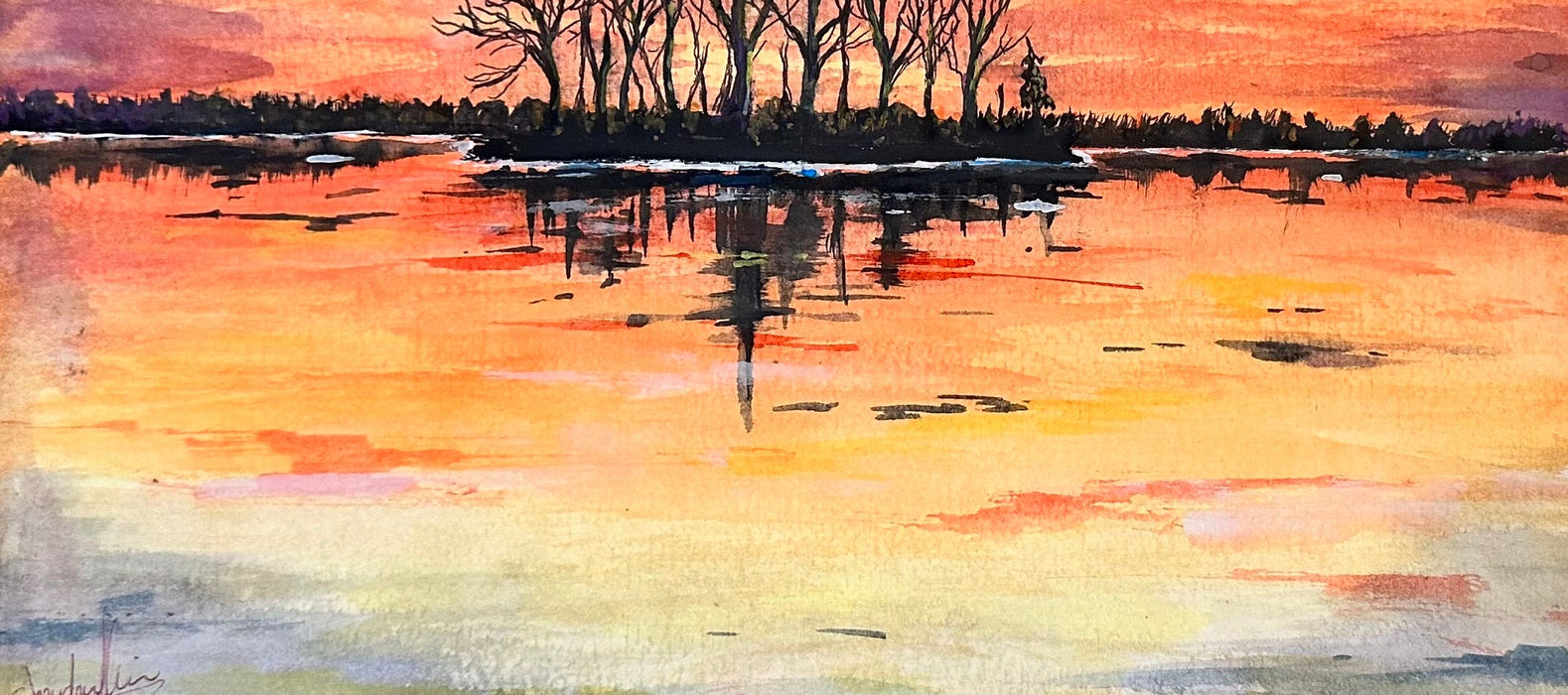 Landscape Sunset Watercolor Framed Painting, 15 x 12” by Shaida