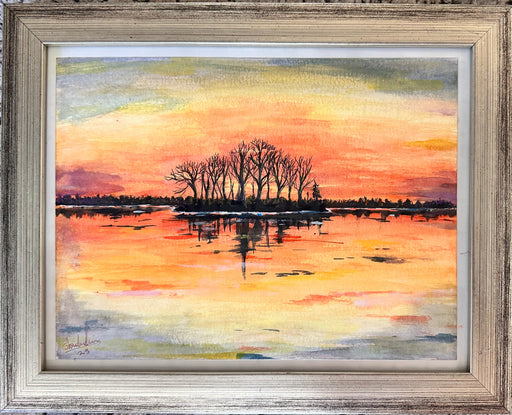 Landscape Sunset Watercolor Framed Painting, 15 x 12” by Shaida-EZ Jewelry and Decor