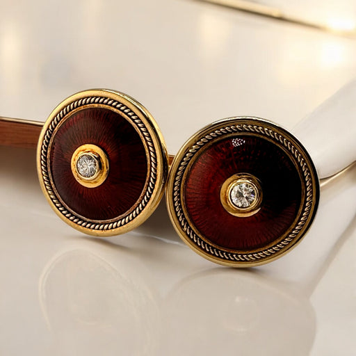 18K Gold Diamond Cufflinks 17.41g Red Enamel 0.78” | Luxury Gift for Him