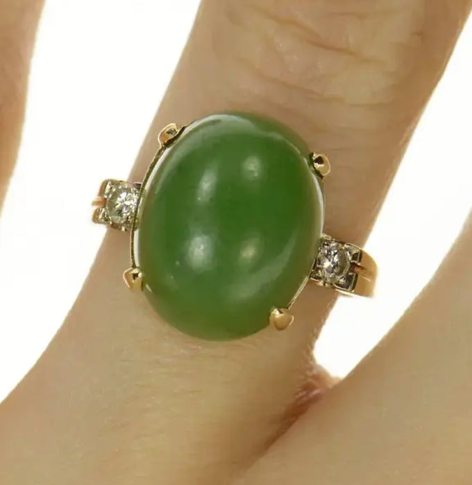 Jewelry - Ring In 14k Gold With Green Jade And Diamond Ring, Size 6.5 Cocktail Ring