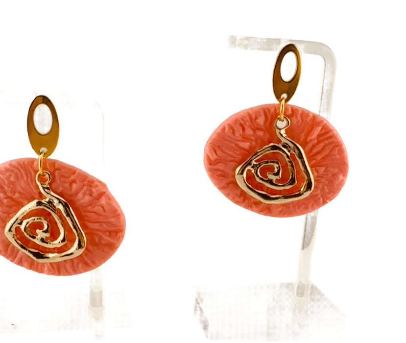 Handmade peach polymer clay dangle earrings with textured gold spiral charms on oval gold studs. - Handmade Modern Earrings, Polymer Clay, Modern Textured Earrings, Statement Earrings, Dangle Earrings, Peach and Gold Earrings 2” - 2 Inch Earrings, Artisan Crafted, Boho Style, Fashion Accessories, Handmade Jewelry, Modern Earrings, Peach Earrings, Polymer Clay Jewelry, spring earrings, Statement Earrings, Textured Earrings, Trendy Jewelry, Unique Design - Default Title