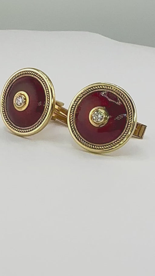 18K Gold Diamond Cufflinks 17.41g Red Enamel 0.78” | Luxury Gift for Him