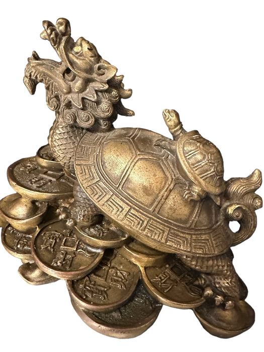 Vintage Chinese Copper Turtle-dragon Mother & Child Statue, 4.25” T-EZ Jewelry and Decor