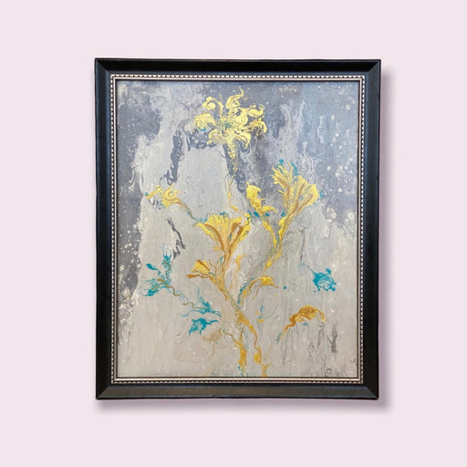 Golden Flowers Abstract Painting, Framed Original Painting, by R. Mansourkhani, 30.5” x  26”-EZ Jewelry and Decor