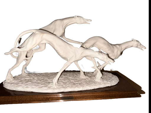 Vintage "Racing Greyhounds" by A. Belcari for Nuovo Capodimonte, White Bisque-ware on Wood, Greyhounds Sculpture, Made in Italy, Marked-EZ Jewelry and Decor
