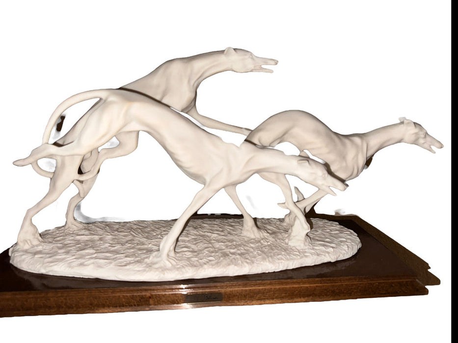 Vintage "Racing Greyhounds" by A. Belcari for Nuovo Capodimonte, White Bisque-ware on Wood, Greyhounds Sculpture, Made in Italy, Marked-EZ Jewelry and Decor