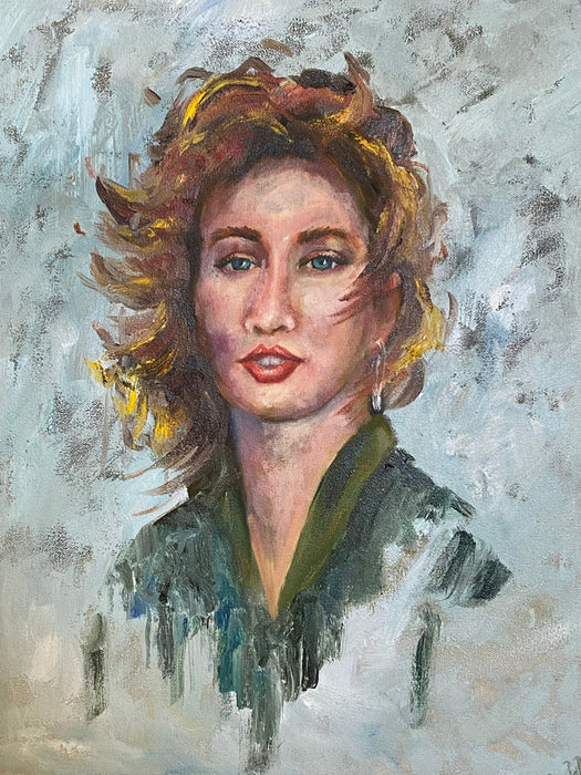 Portrait Oil Painting "Girl in Wind", Framed Original Oil Painting by R.Mansourkhani, 24” x 20”-EZ Jewelry and Decor