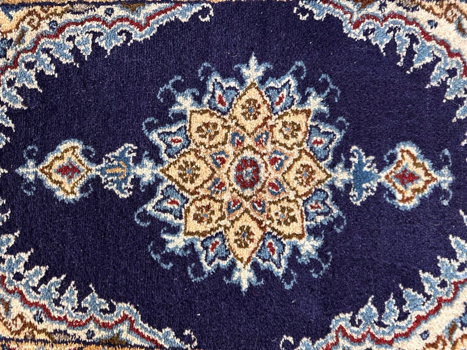 Persian Hand Knotted Small Rug- Nain Design, Wool & Silk accent, 24” x 16”, Small Blue & Beige Rug-EZ Jewelry and Decor