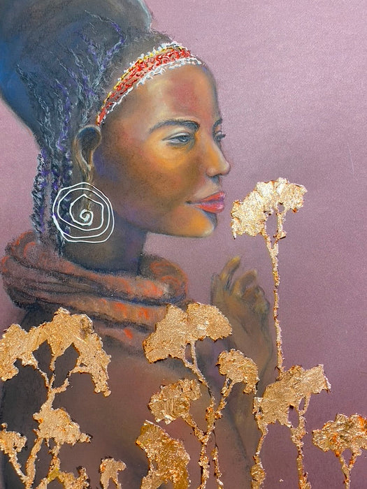 R. Mansourkhani, African Beauty, Original Framed Painting/ Drawing, mixed media 38” x 26”-EZ Jewelry and Decor