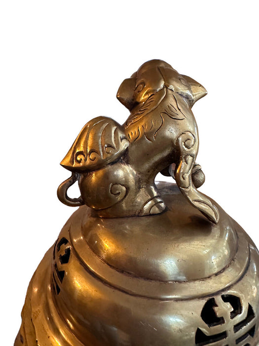 Antique Early 20th Century Large Solid Brass Foo Dog Incense Burner Stands 18 in Tall , Chinese Antique Burner.-EZ Jewelry and Decor