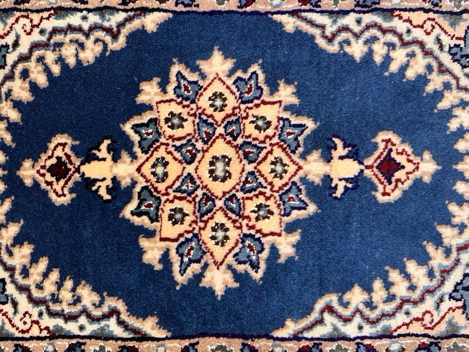 Persian Hand Knotted Small Rug- Nain Design, Wool & Silk accent, 25” x 16”, Small Blue & Beige Rug-EZ Jewelry and Decor