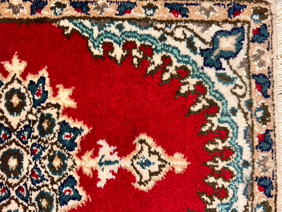 Persian Hand Knotted Small Rug- Nain Design, Wool & Silk accent, 24” x 15”, Red & Beige Rug-EZ Jewelry and Decor