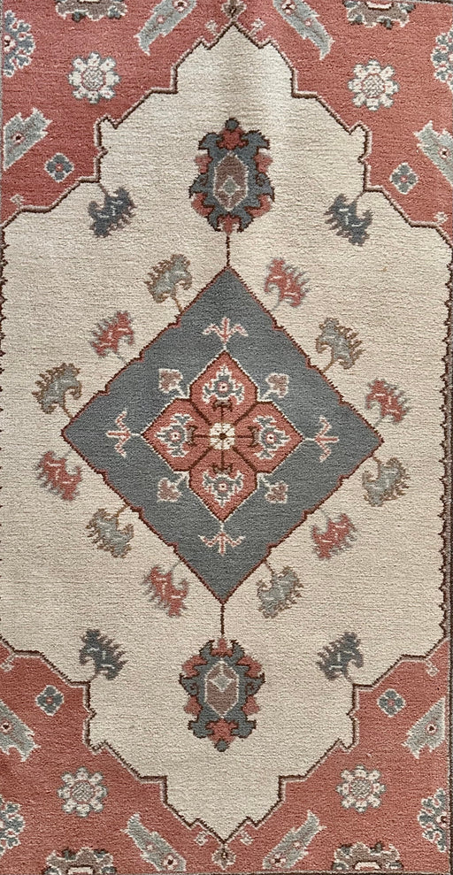 Indian Hand Knotted Area Rug 4"x 6" , Oriental Tribal Geometric Area Rug, Medium Wool Beige and Redish Rug-EZ Jewelry and Decor