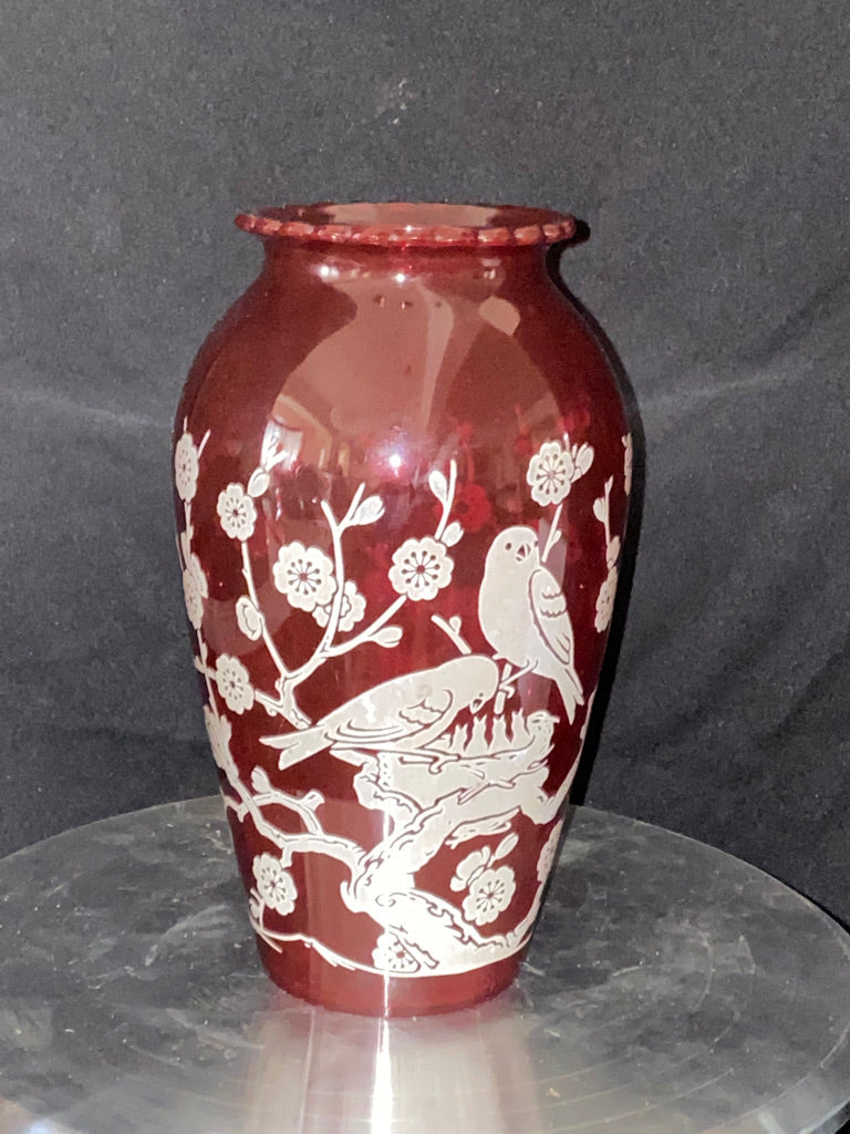 Hand Painted Japanese Vase Featuring Colorful Bird & Botanical