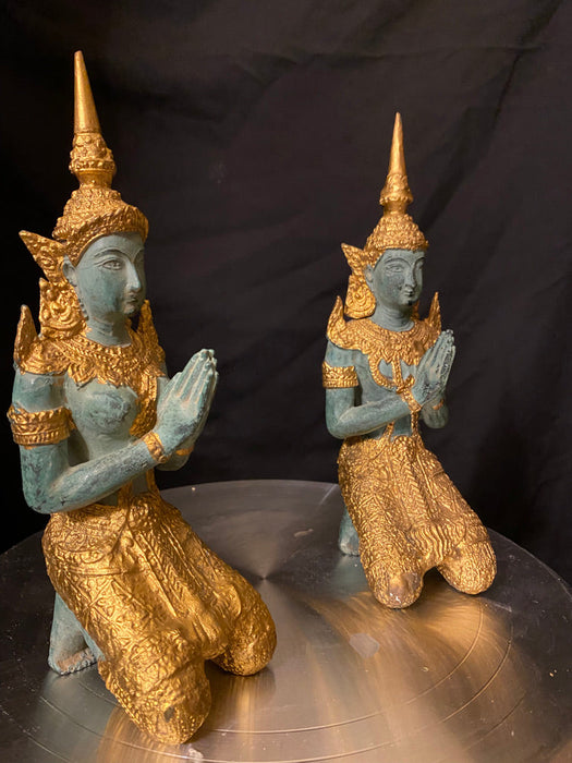 Vintage HandCrafted Asian Gilt Bronze Pair of Teppanom kneeling Thai Sacred Angels, Male and Female-EZ Jewelry and Decor