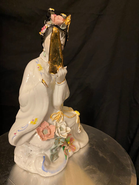 A Geisha Sitting With a Gold Mirror in Hand. Vintage Handcrafted, Hand Painted, Porcelain Statue, Signed By a Chinese Master.-EZ Jewelry and Decor