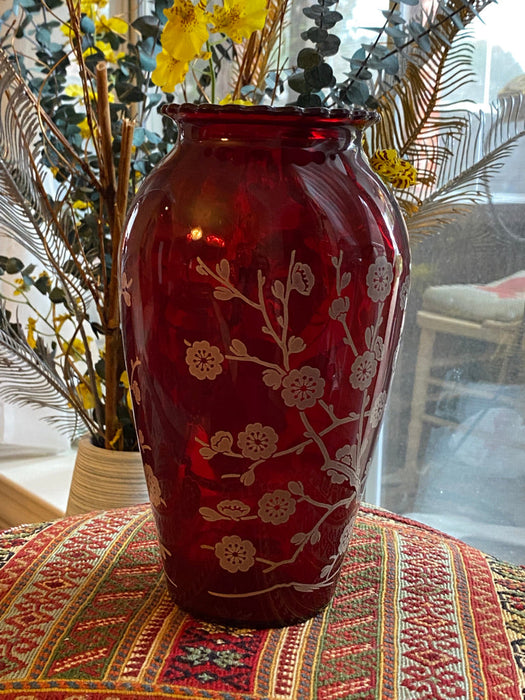 Red Vintage Glass Vase Japanese Hand Painted, Birds & Flowers- 9”-EZ Jewelry and Decor