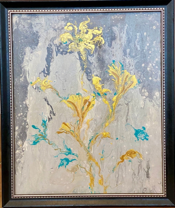 Golden Flowers Abstract Painting, Framed Original Painting, by R. Mansourkhani, 30.5” x  26”-EZ Jewelry and Decor