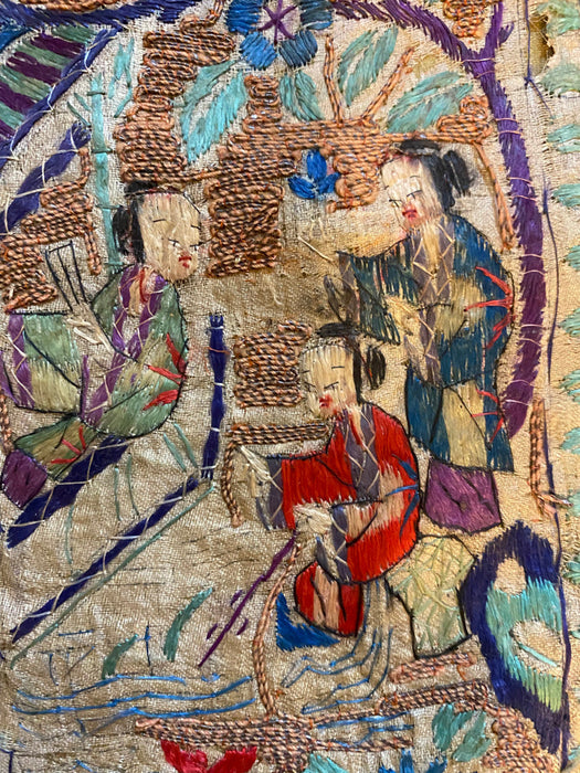 Chinese Vintage Silk Embroidery Panel, Hand Crafted, Three Figures In Garden, Early Republic, 11” x 17”-EZ Jewelry and Decor