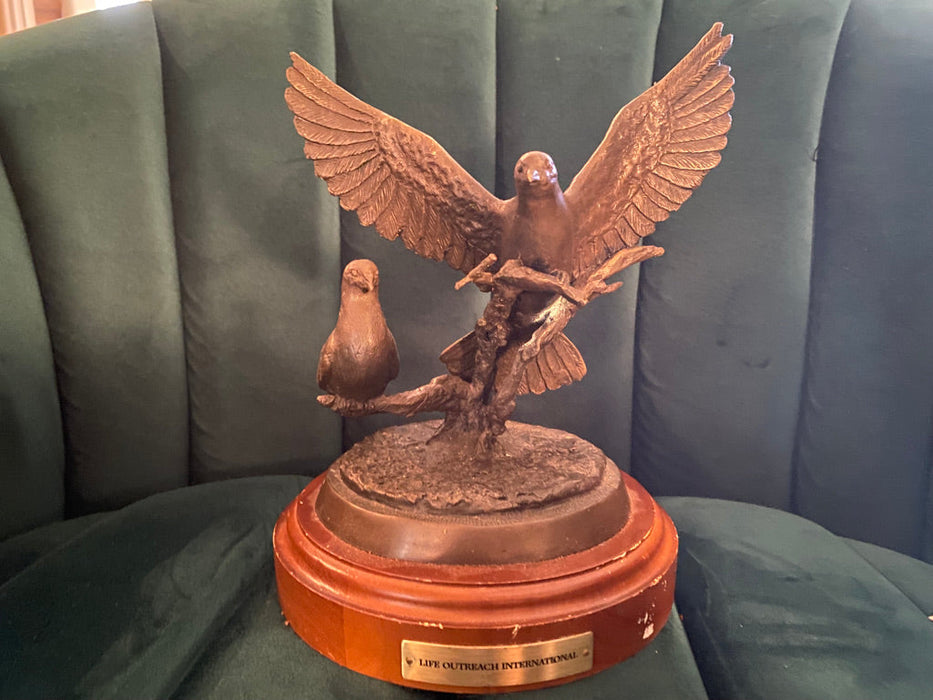 Vintage Bronze Sculpture "Under His Wings," Scott Stearman, Life Outreach International, Doves-EZ Jewelry and Decor