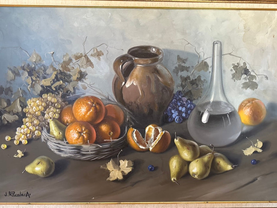 Jose Rosales, Still Life with Fruit & Jar, Framed Original Oil Painting, Signed. Framed 31” x 43”-EZ Jewelry and Decor