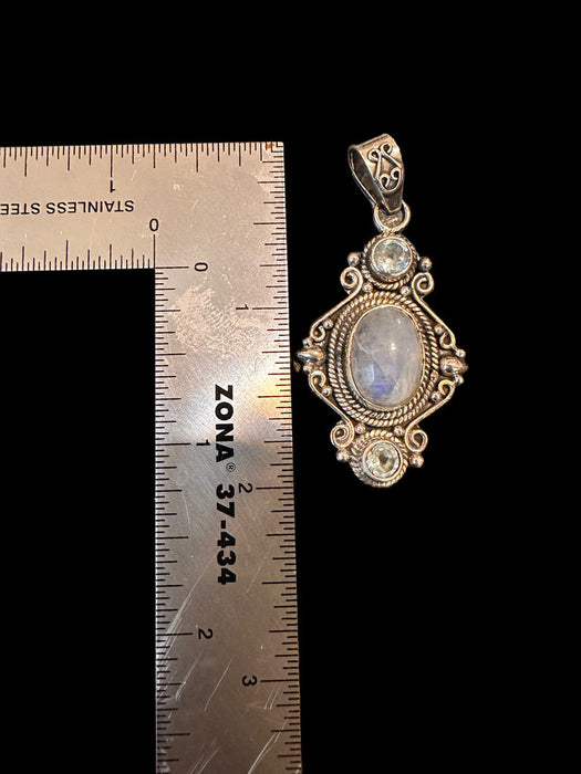 Vintage Silver Victorian Oval Pendent , With Two Crystals And A Stone In Center. 2”, necklace 18"-EZ Jewelry and Decor