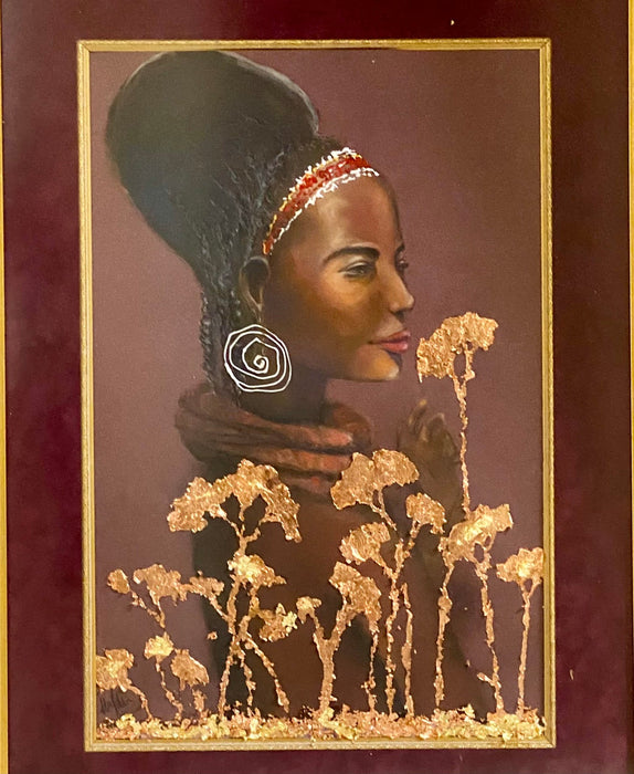R. Mansourkhani, African Beauty, Original Framed Painting/ Drawing, mixed media 38” x 26”-EZ Jewelry and Decor