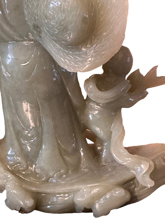 Rare Hand Carved Jade Statue: Man, Child, & Koi Fish on Carved Wooden Stand, 7.8” T, Japanese Sculpture-EZ Jewelry and Decor