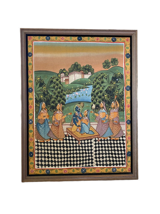 Lord Vishnu in Garden, Original Indian Miniature Art , 35" x 45"-EZ Jewelry and Decor