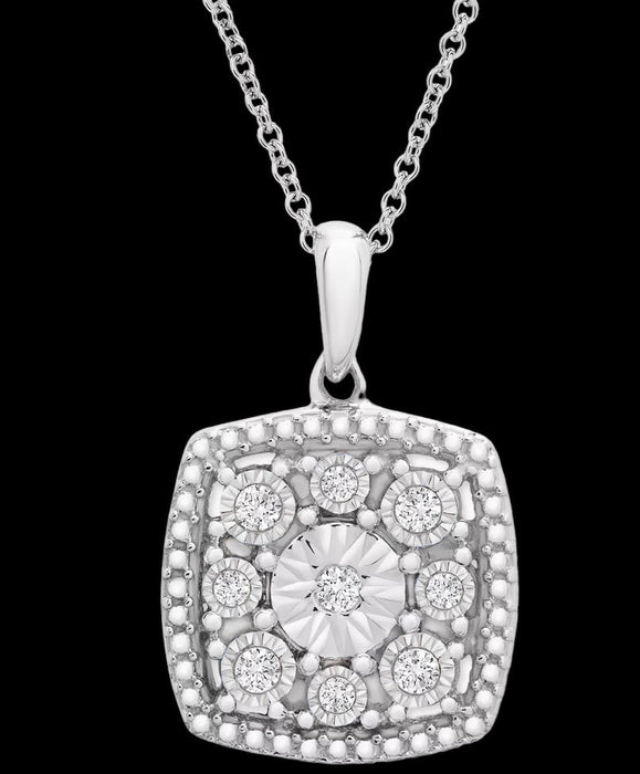Lavish Diamond Cushion Cluster 18" Pendant Necklace (1/10 ct. t.w.) in Sterling Silver, Gift Boxed-EZ Jewelry and Decor