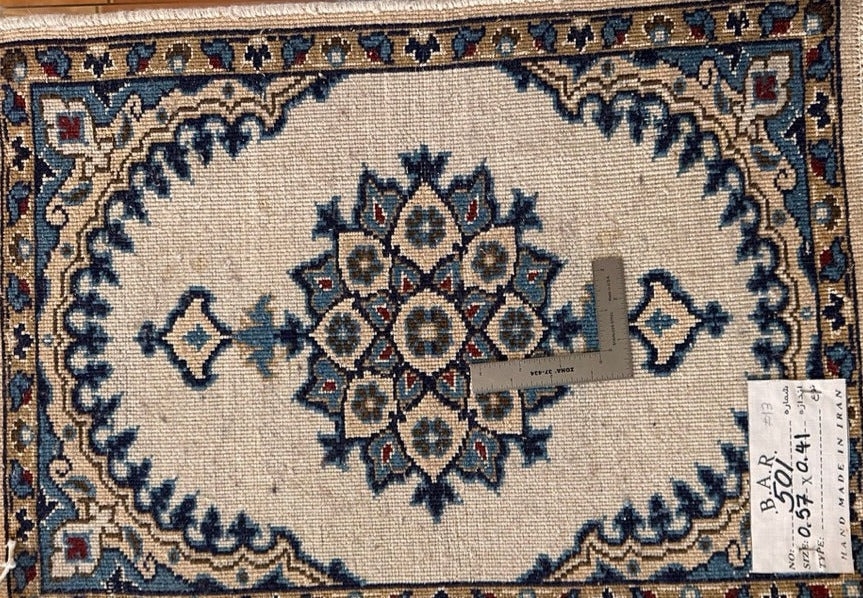 Persian Hand Knotted Small Rug- Nain Design, Wool & Silk accent, 23” x 16”-EZ Jewelry and Decor