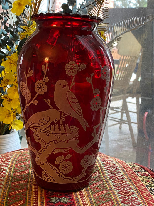 Red Vintage Glass Vase Japanese Hand Painted, Birds & Flowers- 9”-EZ Jewelry and Decor