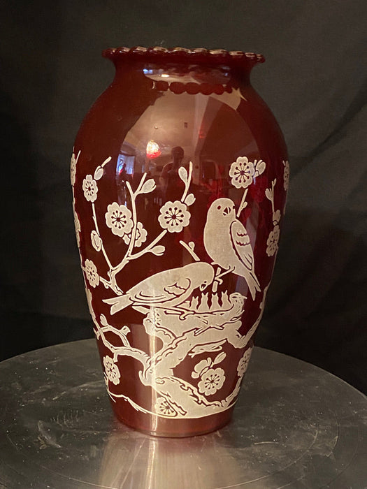 VINTAGE Signed Porcelain Japanese Vase / Off White / Bird with Red