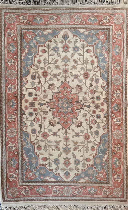 Indian Hand Knotted Area Rug 3’11”x 6’ , Oriental Azari Design Geometric  Floral Area Rug, Medium Wool Beige, Blue, Red Rug-EZ Jewelry and Decor