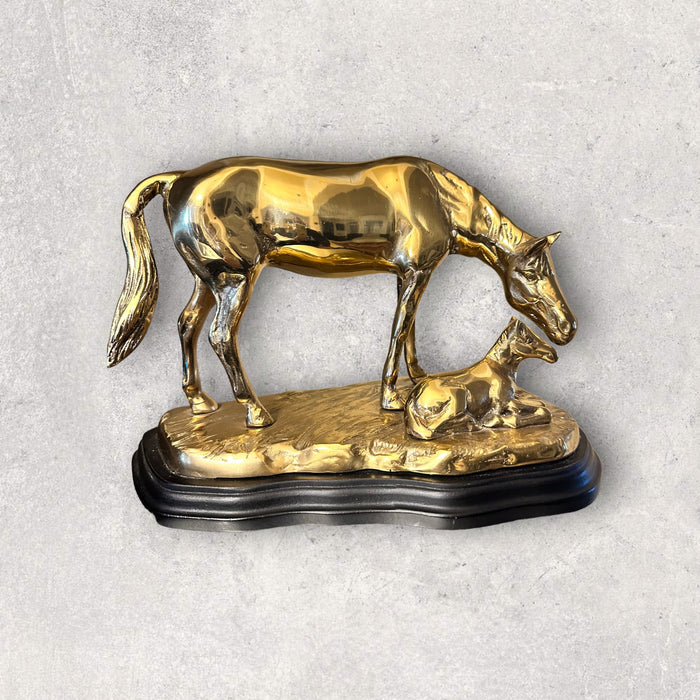 Stunning Vintage Rare Brass Horse And Colt Statue in Gold Tones on a Wooden Stand - 6.75 In X 10 In-EZ Jewelry and Decor