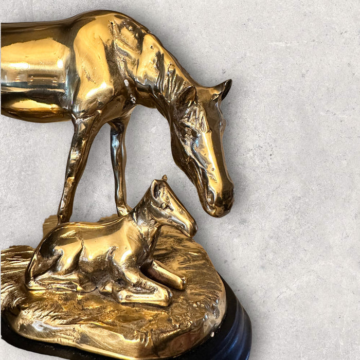 Stunning Vintage Rare Brass Horse And Colt Statue in Gold Tones on a Wooden Stand - 6.75 In X 10 In-EZ Jewelry and Decor