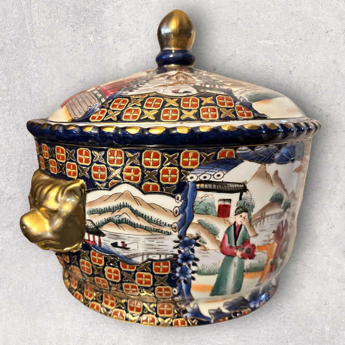 Vintage Chinese Porcelain Hand-painted Decorative Tureen with Lion Shape Handles. 11in x12in-EZ Jewelry and Decor