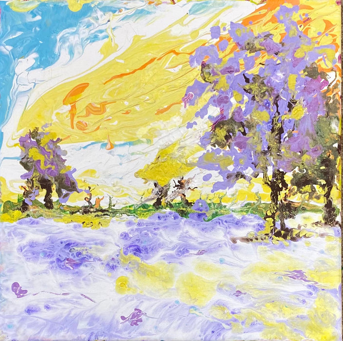 Roya Mansourkhani, Purple & Yellow Winter, Acrylic Original Painting, 12" x 12"-EZ Jewelry and Decor