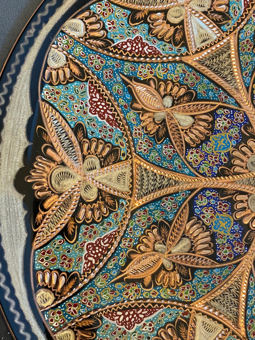 Hand Crafted, Hand Painted Persian Plate. Engraved (Ghalamzani) & Paint on Copper.  Wall/ Art Décor. 13.5”-EZ Jewelry and Decor