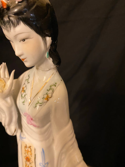 Lady with Pink Flower, Vintage Handcrafted, Hand Painted, Porcelain Statue, Signed By a Chinese Master. Porcelain Figurine.-EZ Jewelry and Decor