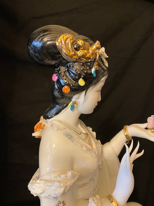 Geisha Holding a Flower. Vintage Handcrafted, Hand Painted, Porcelain Statue, Signed By a Chinese Master.-EZ Jewelry and Decor